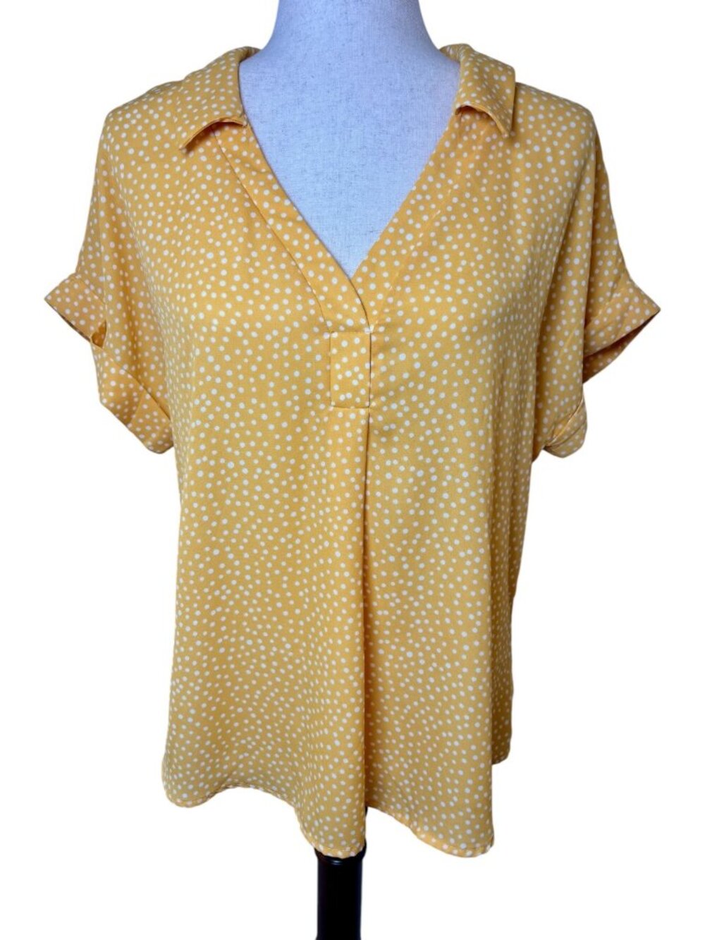 West Kei Yellow White Polka Dot Collared V-Neck Blouse Medium